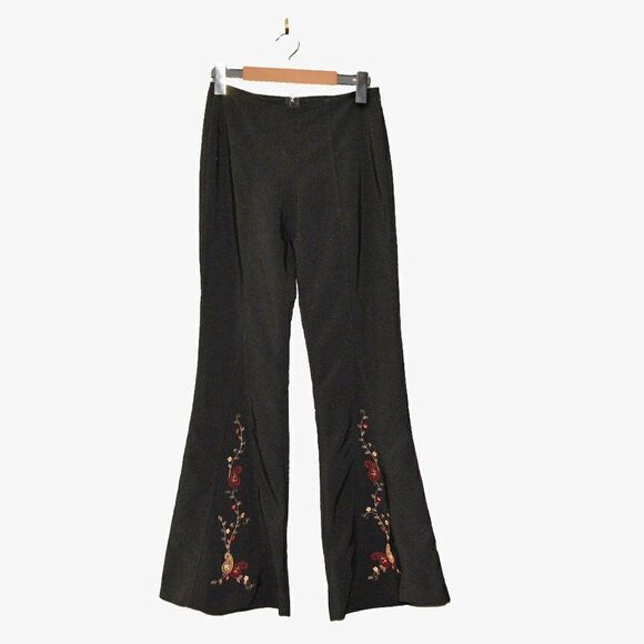 Vintage Pants - Y2K Vintage Embroidered Flare Black Low Rise Pants Sz 2
